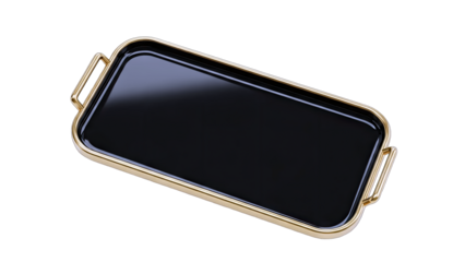 Elegant Black Tray with Gold Trim Isolated on White Background