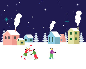 Joyful children building a snowman under a starry winter night sky near cozy snow-covered village homes