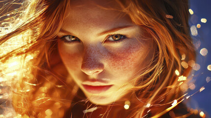 Hyperrealistic portrait of young woman with red hair, freckles, and intense gaze, illuminated by warm light