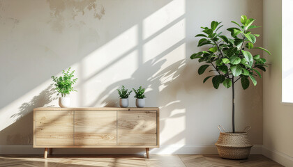 Wooden Cabinet in a Bright Natural-Lit Corner with Vines from a Potted Plant
