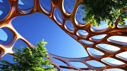 Intricate architecture featuring organic shapes and vibrant colors, showcasing blend of nature and modern design