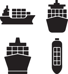 cargo ship with containers silhouette icons set side, front, back, and top views vector art illustration 
