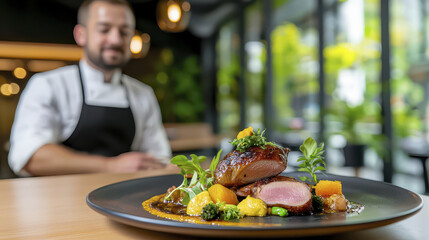 Juicy roasted duck with crispy skin served black plate, garnished with vegetables and herbs, creating appetizing presentation