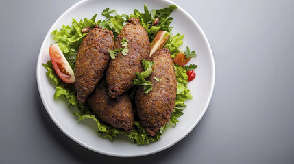 Delicious Kibbeh served on bed of fresh lettuce, garnished with tomatoes and herbs, showcasing vibrant colors and textures