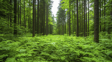 Lush green forest with tall trees and ferns creating serene atmosphere