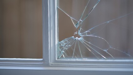 Close-up view of a broken window pane showing radial glass cracks and frame detail