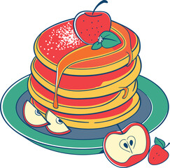 Stack of pancakes with apple slices and topping, delicious breakfast illustration