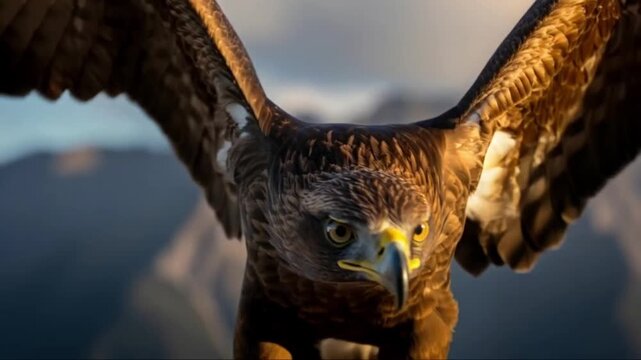 Golden Eagle Flying Toward Camera with Mountains in Background