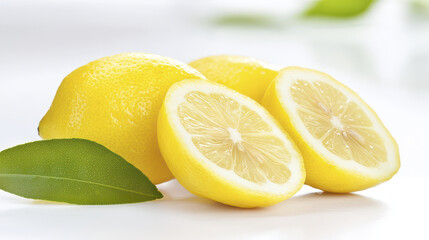 Fresh lemon slices arranged with whole lemons and green leaves create vibrant and refreshing display