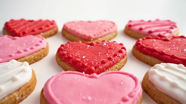 Rows of decorated heart-shaped cookies for Valentine's Day. Sweet baked desserts with pink and red icing and sprinkles. Romance and baking concept