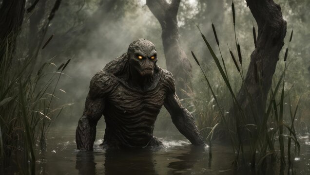 A swamp creature with glowing eyes emerges from murky water amid reeds and fog, amidst tall trees
