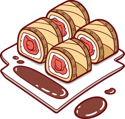 Four pieces of sushi rolls with brown wrapping and red filling on a white plate with sauce © MdAnas