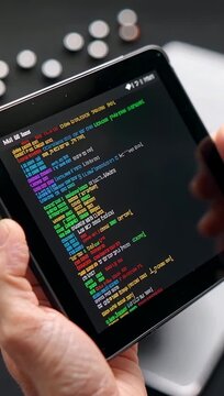 Close up of a programmers hands holding a tablet with code on the screen.