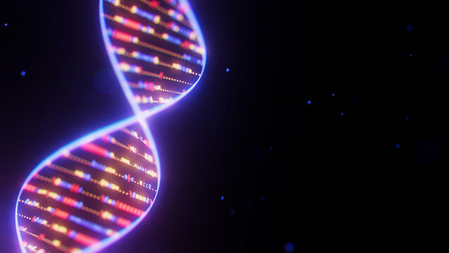 Abstract Digital DNA Double Helix spiral with data flow background. Medical science concept of biotechnological AI or quantum computing. Futuristic technology genetic research.