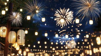 Vibrant summer festival scene featuring glowing lanterns and colorful fireworks illuminating night sky, creating festive