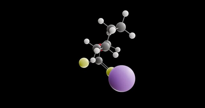 Potassium amyl xanthate molecule, rotating 3D model of flotation agent, looped video on a black background
