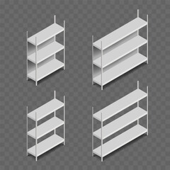 Metal rack with shelves for warehouse, garage, storage. Isometric view isolated on a transparent background. Vector illustration.