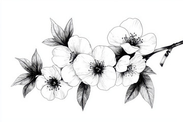 Japanese peach blossoms are beautifully illustrated in this line art, showcasing delicate petals and intricate details