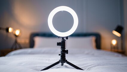 Matte black ring light on a compact tripod with white diffusion ring in bedroom