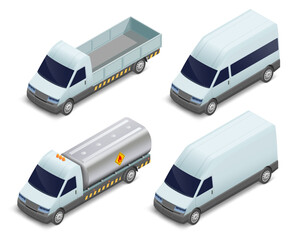 Industrial commercial vehicles, vans, truck, fuel truck with tank. Isometric view isolated on a white background. Vector illustration.