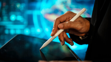 Business woman using tablet in front of a futuristic digital interface, representing data analysis, global technology, virtual communication, innovation, modern workflow in high-tech environment.