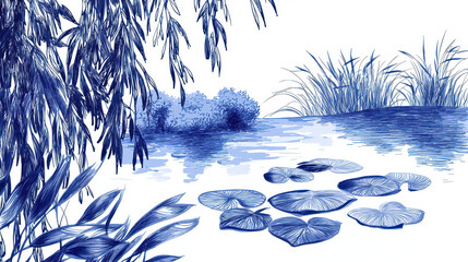 Serene line art depiction of Japanese weeping willows and water lilies, capturing tranquility and nature beauty