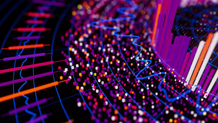 Closeup of Big Data complex round graph background. Top view on quantum computing universe. Cyber space of AI technology. Futuristic graph. Digital information presentation.