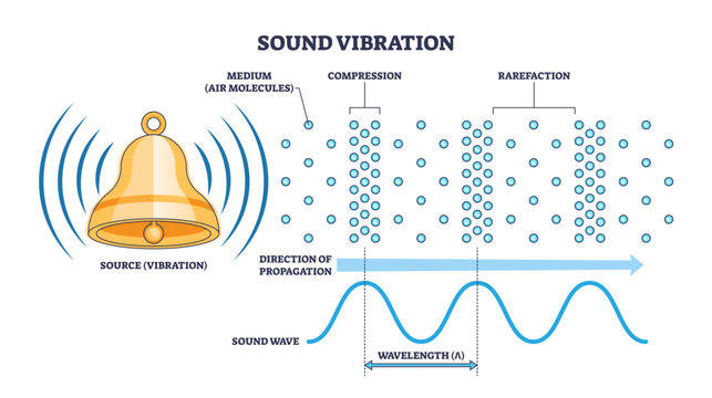 Sound vibration concept, ringing bell, air molecules, and wave show compression, rarefaction, propagation, and wavelength, transparent background.