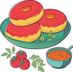 Colorful illustration of donuts on a plate with tomato sauce and fresh tomatoes