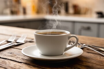 Fototapeta premium Steaming cup of coffee on a rustic wooden table in a cozy kitchen scene