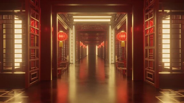 Elegant Oriental Corridor Illuminated by Red Lanterns A Journey Through Traditional Architecture