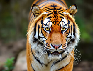 Naklejka premium Captivating close-up of a majestic tiger, its piercing amber eyes fixed directly forward, highlighting the powerful gaze and distinct orange and black striped fur, symbolizing raw wild beauty