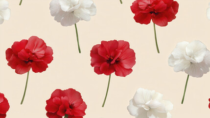 Minimalist watercolor geraniums in red and white on soft beige background create serene and elegant pattern