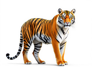 Obraz premium Magnificent Bengal Tiger Standing Proudly, Showcasing its Iconic Orange and Black Striped Fur and Intense Gaze Against a Clean White Background