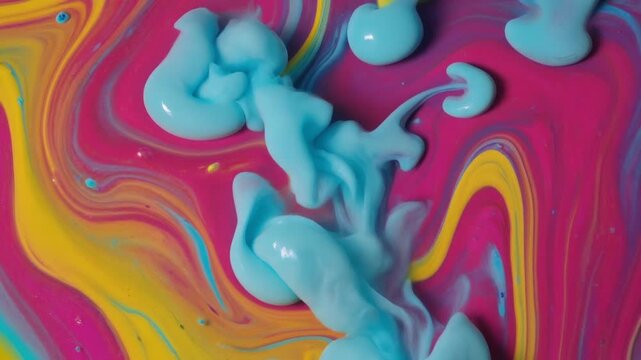 Vibrant fuchsia yellow and light blue liquid art creating mesmerizing swirling patterns and organic shapes as paints blend dynamically in an abstract fluid composition