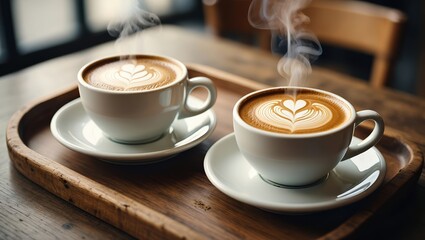 Two steaming coffee cups with heart latte art on wooden tray, cozy cafe