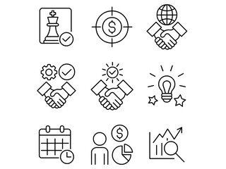 Strategic Management Thin Line Vector Set. Customizable symbols representing various Business Activities and processes. Isolated vector outline illustrations with an editable stroke.