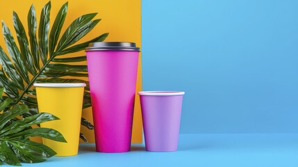 Vibrant and colorful cups arranged against bright background, showcasing lively and energetic atmosphere