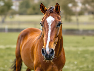 Obraz premium Close-up portrait of a beautiful brown horse with a white marking on its forehead, standing in a grassy field