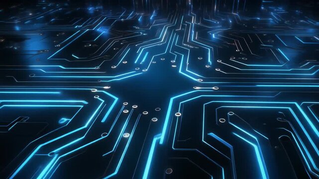 Glowing blue digital circuit board with intricate pathways symbolizing futuristic technology data processing and complex network connections in a hightech abstract background