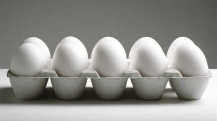 A dozen white eggs artfully arranged in a carton