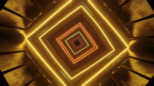 Abstract futuristic tunnel with repeating glowing neon squares and geometric patterns creating an infinite energetic pathway
