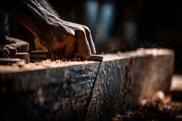 A carpenter cutting a wooden dowel with a hand saw