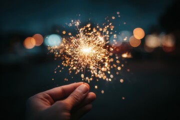 A hand holding a bright sparkling firework at night
