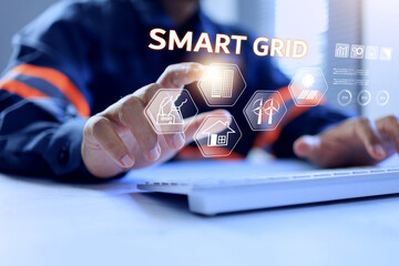 smart grid concept with power plant engineer operating on power distribution interface to balance electric load with smart system on virtual screen