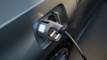 Electric vehicle charging connector illuminated inside car charging port close-up