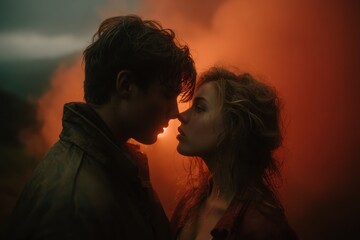 A loving couple embracing with faces close at sunset