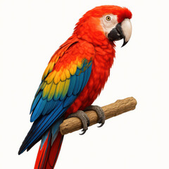 Fototapeta premium Colorful parrot perched on wooden branch with vibrant red, yellow, and blue feathers, showing detailed plumage and sharp beak in bright light