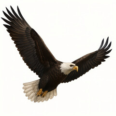 Obraz premium Bald eagle soaring with wide wingspan and sharp gaze, showing powerful flight and majestic presence in clear sky
