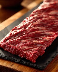 Close up of raw beef hanger steak on a black serving board